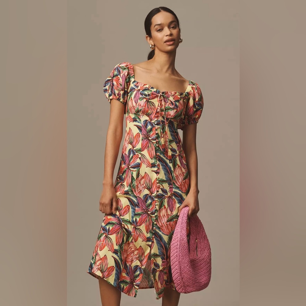 Farm Rio x Anthropologie Puff-Sleeve Sweetheart Linen Midi Dress